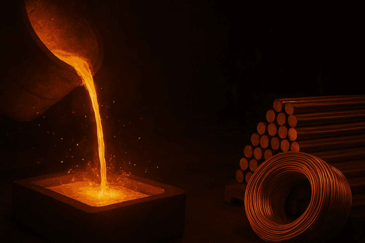 Molten metal being poured in a modern factory setting.